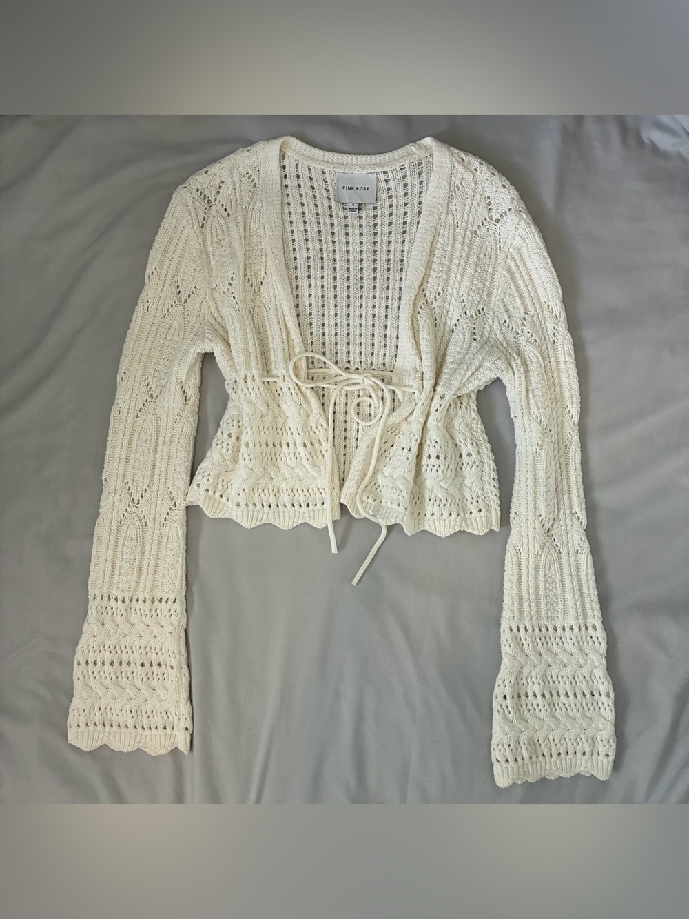 Pink Rose Cropped Crochet White Tie-Front Cardigan